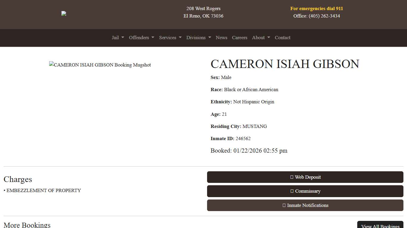 CAMERON GIBSON Booked at the Canadian County Jail